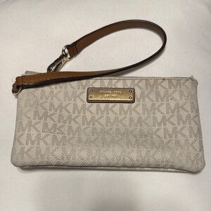 Michael Kors Beige vanilla & brown MK logo Wristlet Clutch